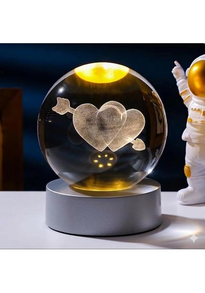 Cam Hologram Led Işıklı Küre, Sevgiliye Ve Doğum Gününe Özel Hediyelik Dekoratif Kristal Küre, Rgb Lamba Oklu Çift Kalp