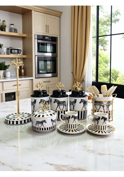 Çeyiz Seti - 101 Zebra At Desenli Gold Siyah