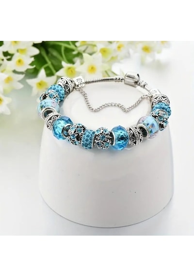 Yeni Tarz , Baby Blue Crystal Mavi Aşk , Sevgi Charmlı Bileklik, Ahşap Kutu İçerisinde Gümüş Gümüş
