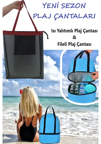 Next Craft Plaj Çantası Ve Fileli Plaj Çantası 2'li Set Seyahat Çantası Isı Yalıtımlı Büyük Boy Mavi