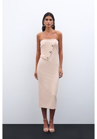 Sateen Düğme Aksesuarlı Straplez Elbise - Bej-135535 Bej Sateen Düğme Aksesuarlı Straplez Elbise - Bej-135535 Bej