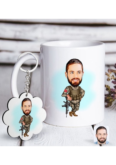 Kişiye Özel Asker Karikatürlü Beyaz Kupa Ve Anahtarlık Set N11.10857