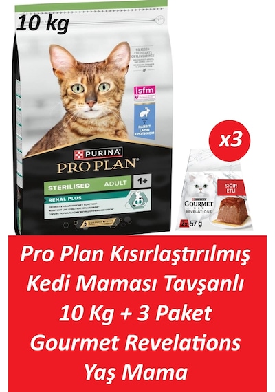 Pro Plan Kısırlaştırılmış Kedi Maması Tavşanlı 10 Kg + 3 Adet Gourmet Sığır Etli Yaş Mama