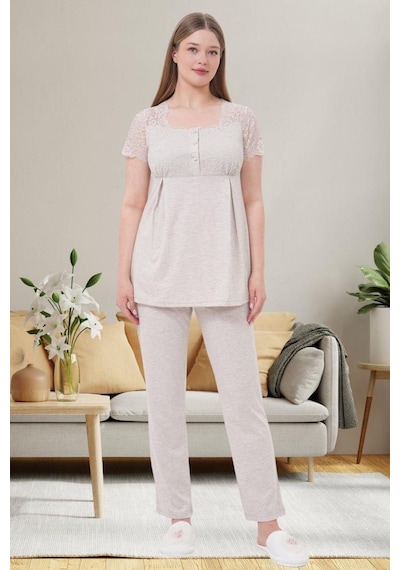 Mecit Pijama Mecit 6056 Kadın Hamile Lohusa Vizon Kısa Kollu Pijama Takımı