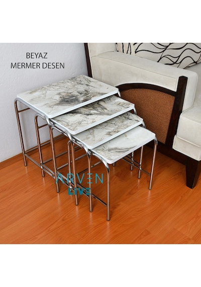 Renk Renk Mermer Desenli Parlak Mikelaj Ayaklı 4'Lü Zigon Sehpa (467864168)