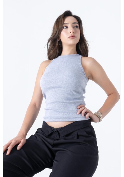 Comeor Fitilli Regular Fit Normal Kalıp Gri Bisiklet Yaka Sıfır Kol Pamuklu Kadın Atlet Gri