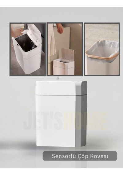 Jet's Home Sensörlü Çöp Kovası Pilli Çöp Kutusu Hareket Algılıyıcı Banyo Mutfak Çöp Atık Kutusu Beyaz