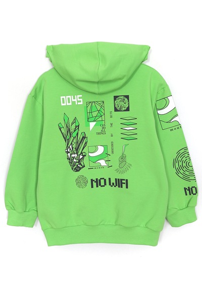 Dobakids Ön Arka Baskılı Kapüşonlu Erkek Çocuk Mevsimlik Sweatshirt 1990 Yeşil