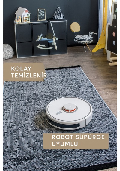 Badelya Home Gri Şönil Makinada Yıkanabilir Kaymaz Taban Saçaklı Pamuklu Halı Kilim Oturma Odası Salon Mutfak