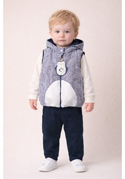Harika Kids Erkek Bebek 3 Lü Takım 9-24 Ay Şişme Yelek %100 Pamuk Sweatshirt Kadife Pantolon Kahverengi