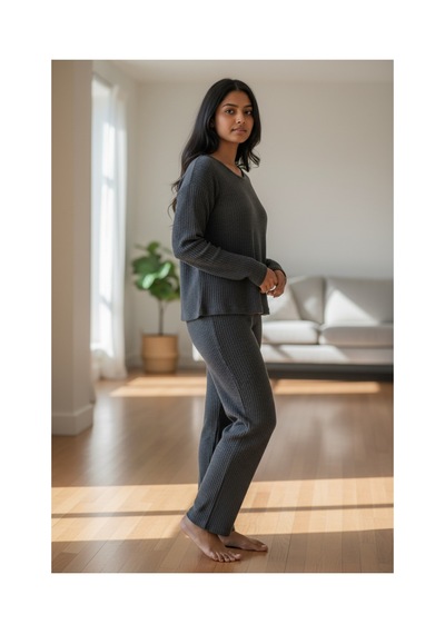 Feg Store Pamuk Antrasit Yumuşak Dokulu Fitilli Uzun Kollu Kadın Pijama Takımı