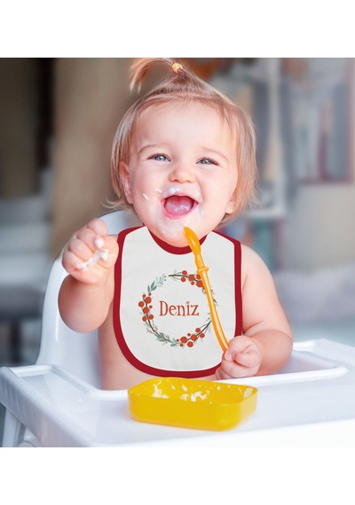BK Kids Kişiye Özel Harfli İsimli Tasarımlı Kırmızı Mama Önlüğü Kırmızı