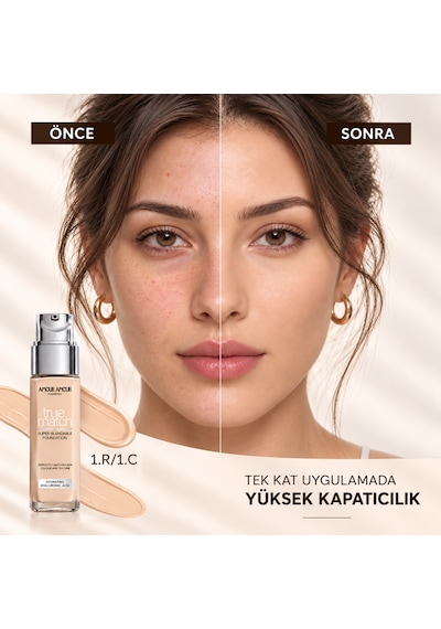 True Match Nemlendirici Likit Fondöten 30 Ml Hyaluronik Asitli, 24 Saat Kalıcı & Terlemeye Dayanıklı Doğal Bitiş 1R1C Rose Ivory