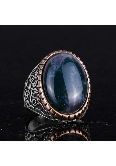 Moss Agate Doğal Taş Yüzük, 925k Katı Gümüş Erkek Yüzüğü, El Yapımı Şıklık Gümüş
