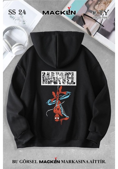 Macklin Unisex Kadın Erkek Marvel Spiderman Ön Arka Baskılı Özel Tasarım Baskılı Kapşonlu Sweatshirt Siyah Mck1338 Siyah