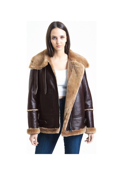 M M Marki Marki Kadın Kahverengi Vintage Deri Mont, Kahverengi Kürklü, Balıkçı Yaka, Oversize - 105222 Siyah Kahverengi