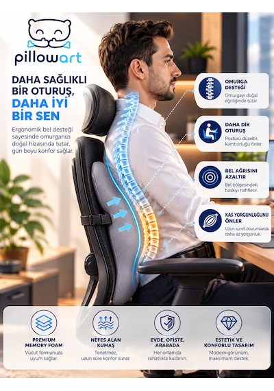 Pillowart Ortopedik Visco Sırt Bel Destek Minderi Anatomik Lomber Omurga Destekli Ergonomik Bel Yastığı