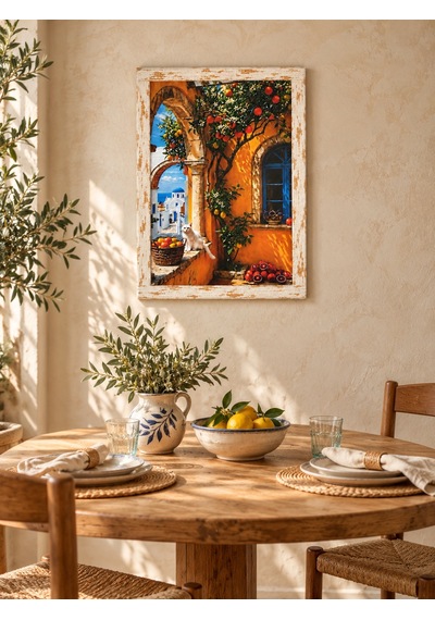 Ahşap Eskitme Çerçeve Desenli Akdeniz Evi Ve Portakal Ağacı Temalı Dekoratif Ahşap Tablo 52x72 Cm