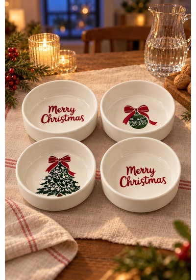 Merry Christmas 4 Parça 13 Cm Seramik Çerezlik & Sosluk Kase Kahvaltılık Sunumluk Beyaz
