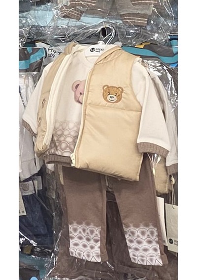 Bilge Trend Erkek Bebek , Ayıcık Desenli Kapüşonlu Şişme Yelek , Tişört , Pantolon 3 Parça Kışlık Takım Bej