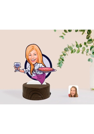 Kişiye Özel Kadın Garson Karikatürlü Dekoratif 3D Biblo Led Işıkl