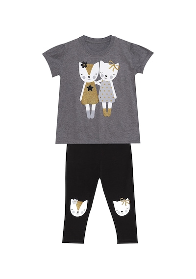 Denokids Kedili Kız Çocuk Yazlık T-Shirt Tayt Takım