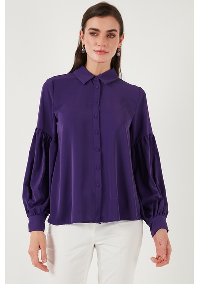 Lela Regular Fit Dikiş Detaylı Düz Yaka Balon Kol Bayan Gömlek 611Go00003 Mor