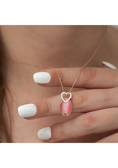 925 Ayar Gümüş Pembe Kedi Gözü Taşlı Kalp Kolye Beyaz