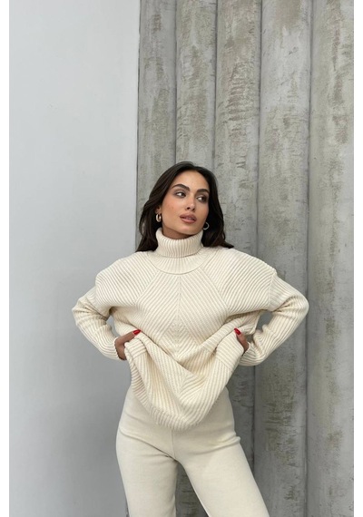 Neşeli Butik Kadın Bej Fitilli Balıkçı Yaka Alt Üst Triko Takım Nbdm1215