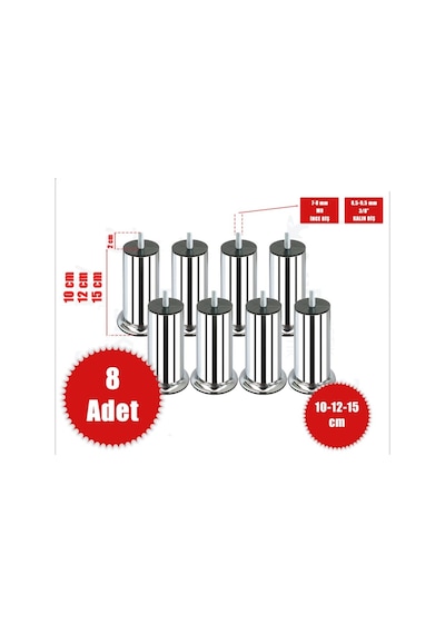 Ademkocplastik 10 - 12 - 15 Cm Metal Krom Baza Koltuk Kanepe Sehpa Ayağı 8 Adet