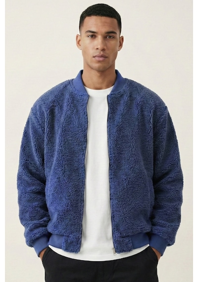 Genius Store Erkek Mont Peluş İçi Astarlı Oversize Geniş Kalıp Sherpa Kuzu Kumaş Spor Mont İndigo