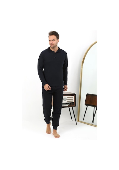 Akbeniz Erkek Polo Yaka Uzun Kol Penye Pijama Takımı 6862 Lacivert Lacivert