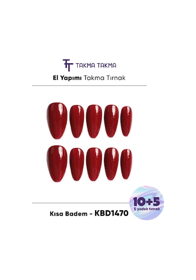 15'li Bordo Kısa Badem Kbd1470 - Tekrar Kullanılabilir El Yapımı Protez Takma Tırnak Xs