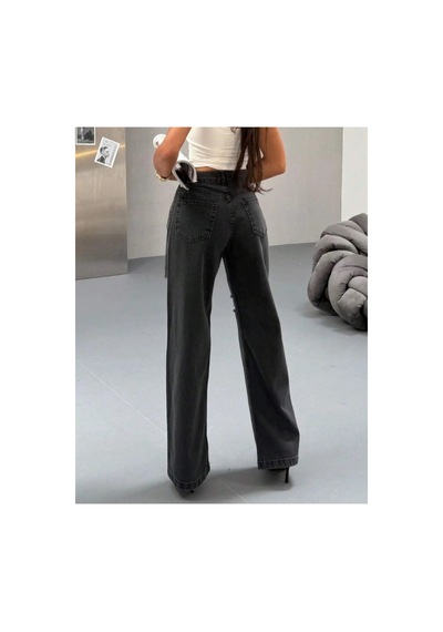 Kene Jeans Çift Diz Lazer Yırtık Füme Bol Paça Jeans Füme