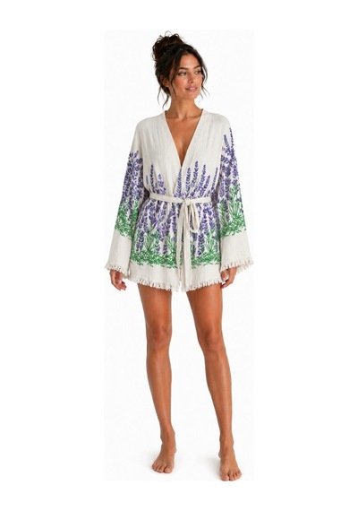 Mulberry Sedna Kadın Ekru Müslin Kimono Bornoz Kuşaklı, Püskül Detaylı, Oversize Rahat Kesim Plaj & Ev Giyim Lacivert