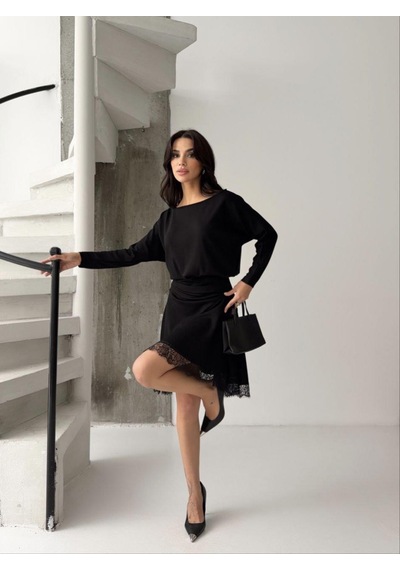 Kadın Dantelli Bel Drape Detaylı Kayık Yaka Modal Kumaş Midi Elbise Siyah