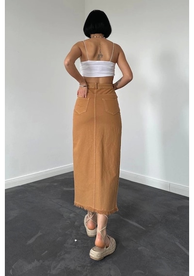 Defymoda Camel Gabardin Boyamalı Püsküllü Etek CAMEL
