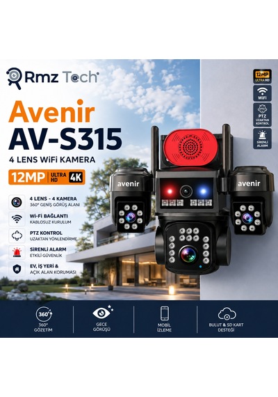Avenir Av-s315 12 Mp 4 Lens Wifi Güvenlik Kamerası 4k Ultra Hd Ptz Sirenli Alarm