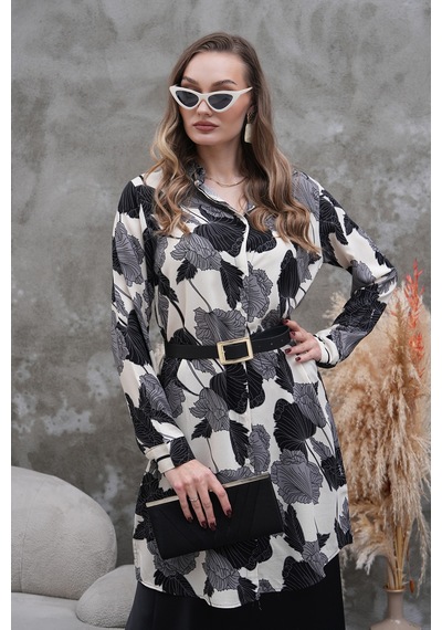 Polologin Butik Siyah Beyaz Yaprak Desenli Gömlek Tunik Siyah & Beyaz