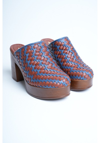Analin Shoes Kadın Hakiki Deri Platform Topuklu Örgülü Terlik Mavi