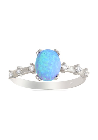 925 Ayar Gümüş Yüzük Oval Mavi Opal Taş Vintage Yüzük