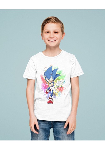 Sevbano Tasarım Sonic Baskılı Unisex Çizgi Film Çocuk Tişört 1-12 Yaş Beyaz