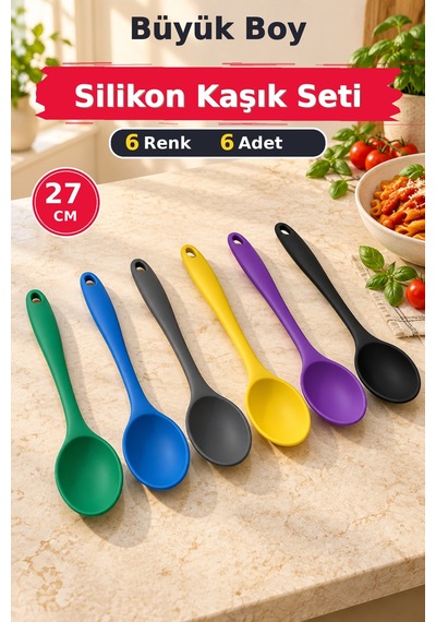 6'lı Set Yeşil Mavi Antrasit Sarı Mor Siyah, Büyük Boy Silikon Kaşık Seti 27 Cm Mutfak Servis Kaşığı