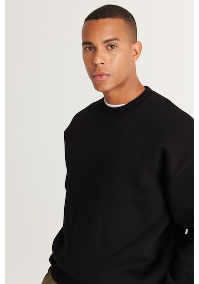 AC&Co / Altınyıldız Classics Erkek Sıyah Oversize Fit Bol Kesim Pamuklu İçi Polarlı Bisiklet Yaka Sweatshirt Siyah