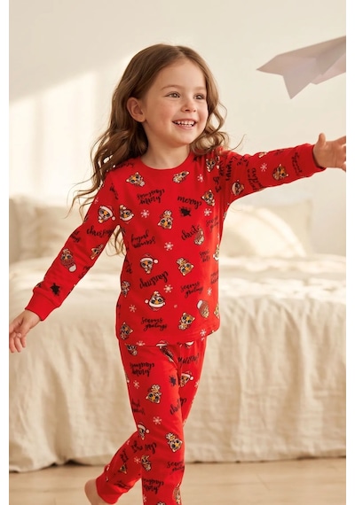 Zuzunga Kız Çocuk Yılbaşı Temalı Tiger Desenli Uzun Kollu Pijama Takımı Kırmızı