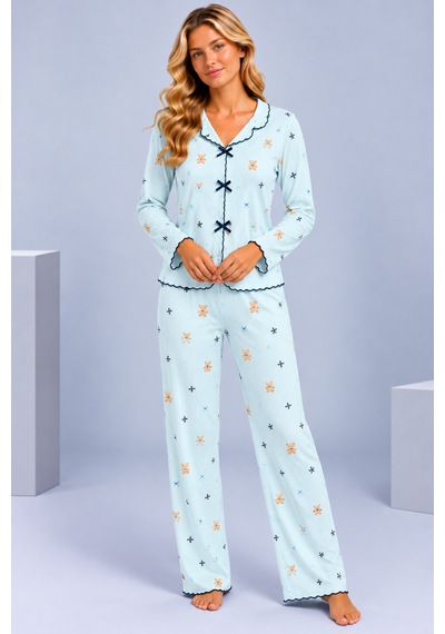 Pijamask Kadın Desenli Dantel Detaylı Fiyonk Ve Düğmeli Uzun Kollu Pijama Takımı Turkuaz Pijamask Kadın Desenli Dantel Detaylı Fiyonk Ve Düğmeli Uzun Kollu Pijama Takımı Turkuaz