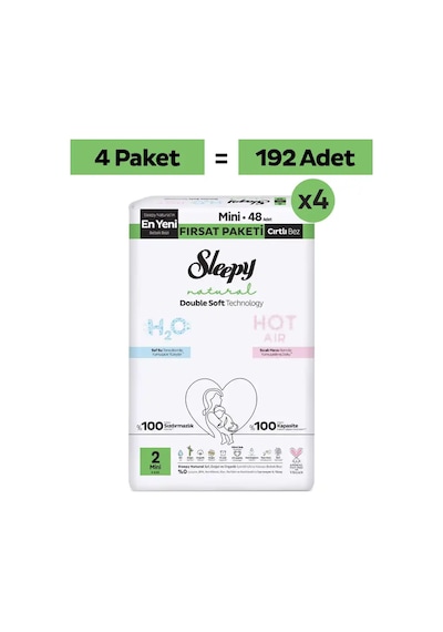 Sleepy Natural Double Soft Mega Fırsat Paketi Bebek Bezi 2 Numara Mini 192 Adet