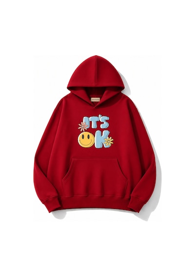 Herkesemoda İt's Ok Baskılı Kapüşonlu 2 İplik Şardonlu Sweatshirt Kırmızı