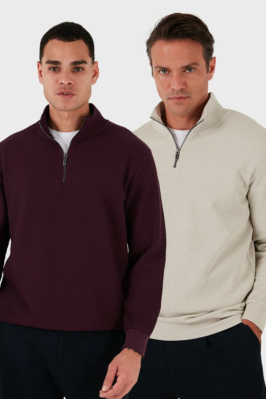 Buratti Pamuklu Regular Fit Yarım Fermuarlı Dik Yaka 2'Li Paket Erkek Sweat 5905716S2 Taş-Vişne