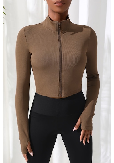 Fantezia Night Kadın Kahverengi Uzun Kol Fermuarlı Parmak Geçme Detaylı Dik Yaka Crop Top Bluz